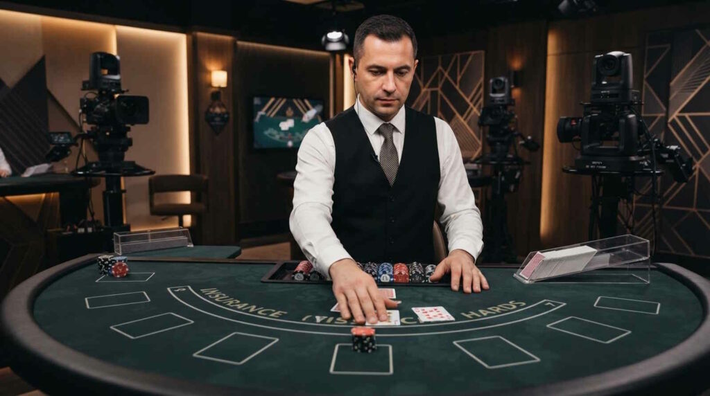 Das Bild zeigt einen Live Blackjack Tisch innerhalb eines Live-Studios im Online Casino