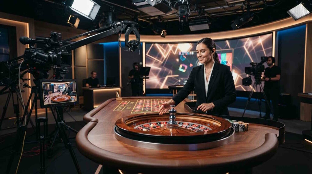 Das Bild zeigt eine Szene innerhalb eines Live Casinos mit einem Live Dealer am Roulette-Tisch