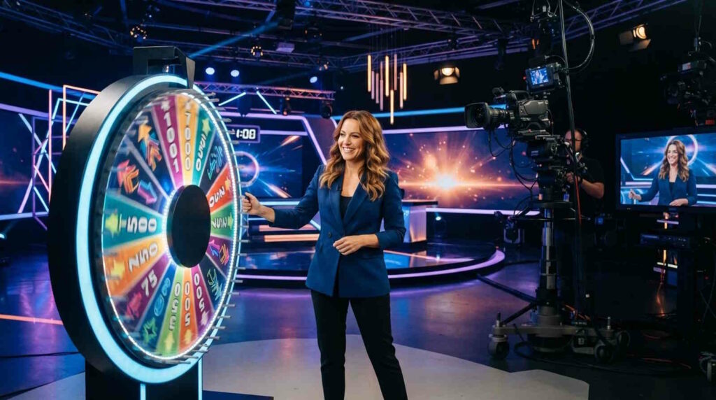 Im Bild sieht man eine Frau, die an einem Glücksrad dreht. Die Atmosphäre gleicht einer Live Gameshow in einem Live Online Casino.