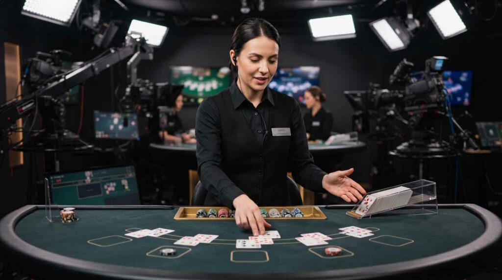 Das Bild zeigt die Rolle des Live Dealers im Studio. Die Live-Dealerin teilt Karten auf dem Spieltisch aus und nimmt die Wetten entgegen.