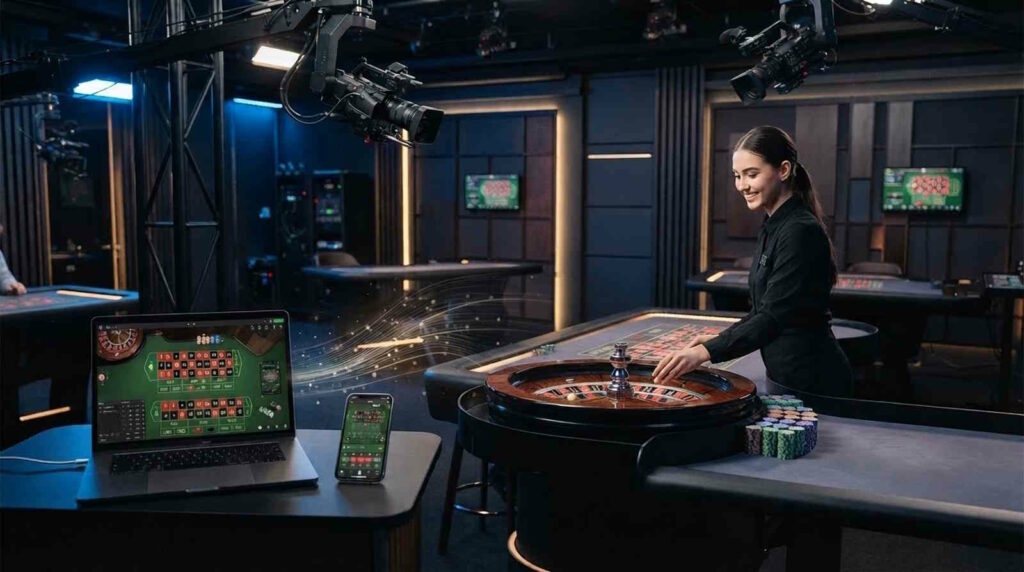 Das Bild zeigt ein Live Casino und deutet an, wie der Datenfluss auf das Endgerät der Spieler übertragen wird.